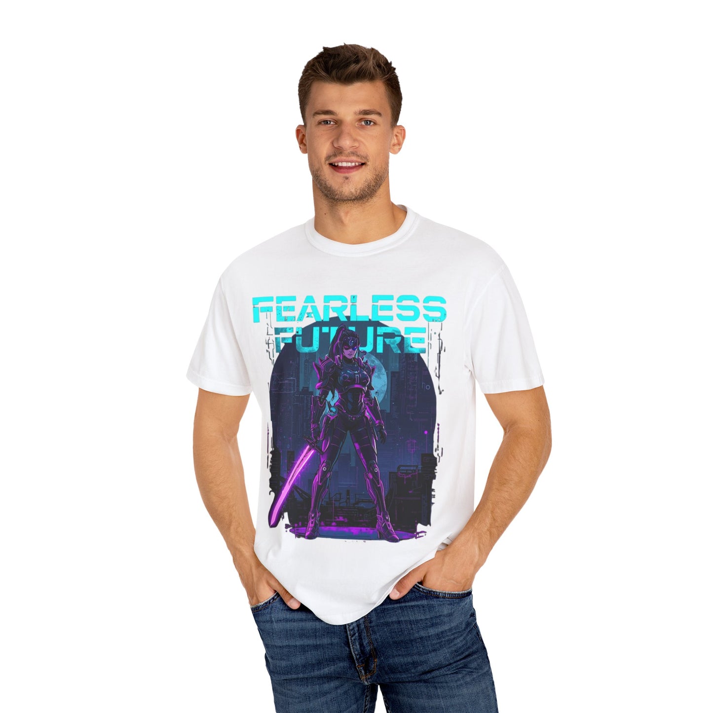 Fearless Future Unisex Garment-Dyed T-shirt, Retro Graphic Tee, Sci-Fi Fashion, Cyberpunk Style, Casual Wear, Gift for Nerds